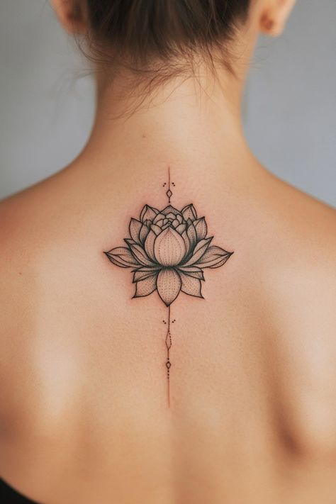 Lotus flower tattoo on a woman's upper back. Lotus Flower Tattoos For Women, Lotus Tattoo Design For Women, Tattoo Placements For Women, Lotus Flower Tattoo Back, Lotus Flower Spine Tattoo, Lotus Flower Back Tattoo, Lotus Back Tattoo, Mandala Chest Tattoo, Back Tattoos For Women