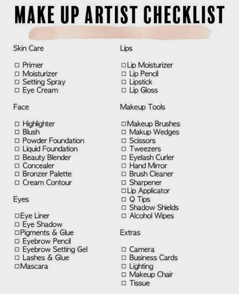 Makeup Essentials For Beginners List, Basic Makeup List For Beginners, Makeup Artist List, Starting Makeup Business, Makeup Notes Ideas, Makeup Artist Supply List, Makeup Prices List, Makeup Artist Service List, Mua Names Ideas