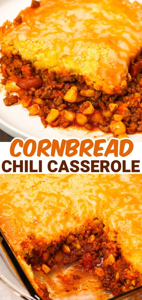 Chili Cornbread Casserole is an easy ground beef dinner recipe loaded with salsa, mixed beans, corn, chili seasoning and topped with cornbread and shredded cheese. Chili Bean Casserole Recipes, Hamburger Cornbread Recipes, Easy Recipes With Cornbread, Chitlings Recipes, Chili Recipe With Cornbread, Cornbread Recipe Casserole, What Goes With Cornbread Dinners, Hot Dog Chili Cornbread Casserole, Casserole Recipes With Cornbread