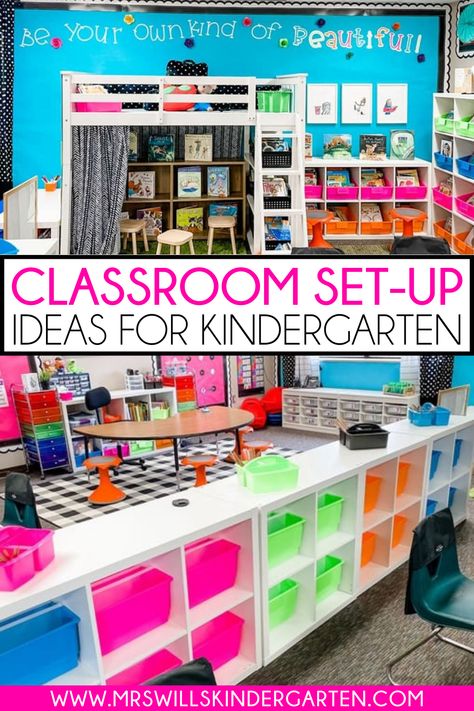 Looking for ways to set up your kindergarten classroom as we head into a new school year? These classroom set up ideas for kindergarten include inspiration for classroom organization, setting up a classroom library and more, so you will be ready to tackle your own room! Classroom Set Up Ideas, Small Classroom Setup, Kindergarten Classroom Layout, Setting Up A Classroom, Pre Kindergarten Classroom, Kindergarten Classroom Organization, Kindergarten Classroom Themes, Kindergarten Classroom Setup, Kindergarten Library