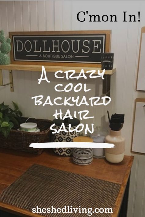 Ideas For Hair Salons Decorating, Tiny Hair Salon Ideas, Shed Salon Ideas Backyard Studio, Salon Shed Backyard Studio, Tiny Salon Ideas Small Spaces, Tiny House Salon, Mobile Hair Salon Ideas, Shed Hair Salon Ideas, Home Salon Ideas Small Diy