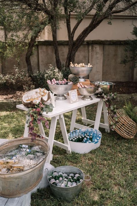 Wedding Beverage Stations Rustic, Backyard Drink Station, Non Alcoholic Drink Station Wedding, Backyard Garden Engagement Party, Backyard Wedding Welcome Party, Backyard Wedding Drink Station, Small Drink Station, Welcome Drinks Table Ideas, Wedding Bar Self Serve