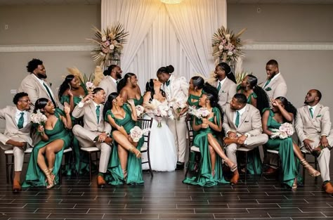 Emerald Green Groomsmen Attire Bridesmaid Dress, Green And Gold Wedding Theme Bridesmaid Dresses, Emerald Green And Gold Wedding Groomsmen, Champagne Emerald Green Wedding, Black Couples Wedding Ideas, Emerald Green And Gold Tuxedo, Olive Green And Tan Wedding Party, Emerald Green And Gold Wedding Party, Olive Green And Gold Wedding Theme