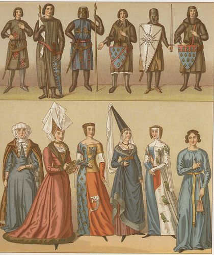 Racinets Medieval costumes - French royalty - 12th thr 14th century - Garments in the Middle Ages 15th Century Dress, 13th Century Clothing, 1400s Fashion, 15th Century Fashion, 14th Century Clothing, Middle Ages Clothing, Aged Clothing, Fashion Timeline, French Royalty