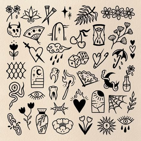 Small Fall Tattoos, Mini Traditional Tattoo, Stick Poke Tattoo, Art Flash, Sharpie Tattoos, Handpoke Tattoo, Flash Tattoo Designs, Tattoo Flash Sheet, Doodle Tattoo