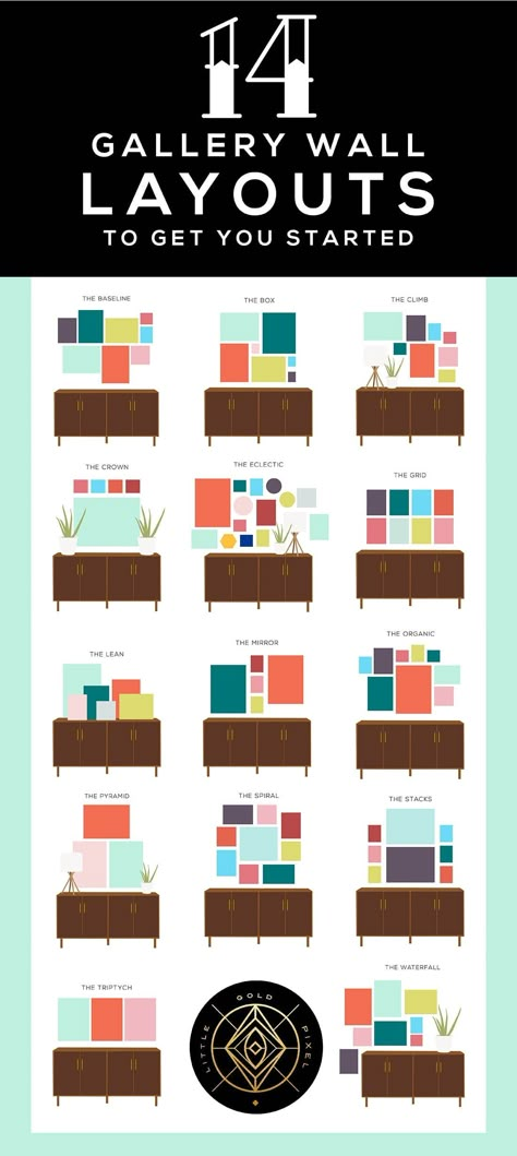 14 Gallery Wall Layouts to Get You Started • Little Gold Pixel  #gallerywall #gallerywalls #gallerywalllayouts #wallartideas #gallerywallideas Gallery Wall Layouts, Wall Layout, Gallery Wall Layout, Desain Editorial, Photo Wall Gallery, Gallery Wall Inspiration, Gallery Wall Living Room, Gallery Wall Ideas, Gallery Walls