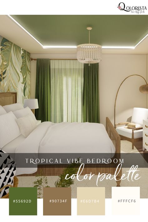 Color Palette Ideas - Tropical Vibe Bedroom Room Colour Theme Ideas, Tropical Bedroom Color Schemes, Zen Bedroom Colors Colour Palettes, Bedroom Inspirations Tropical, Tropical Interior Color Palette, Best Bedroom Color Palette, Green Palette Bedroom Ideas, Small Bedroom Color Palette, Green Wall Bedroom Ideas Decor