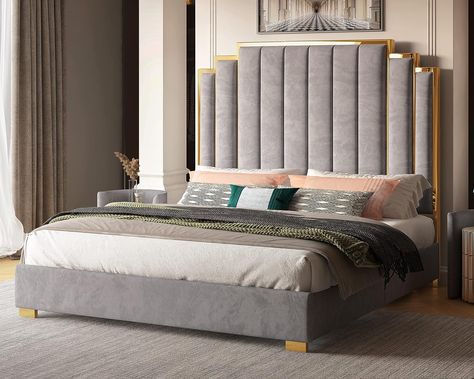 Albott King Size Platform Bed Frame, 65" Velvet Upholstered Bed with Gold Trim Headboard/Wooden Slats/No Box Spring Needed/Grey Velvet Bed Frame, King Size Platform Bed, Furniture Studio, Gold Bed, Velvet Upholstered Bed, Queen Size Platform Bed, Modern Platform Bed, Dream Furniture, Elegant Bedding