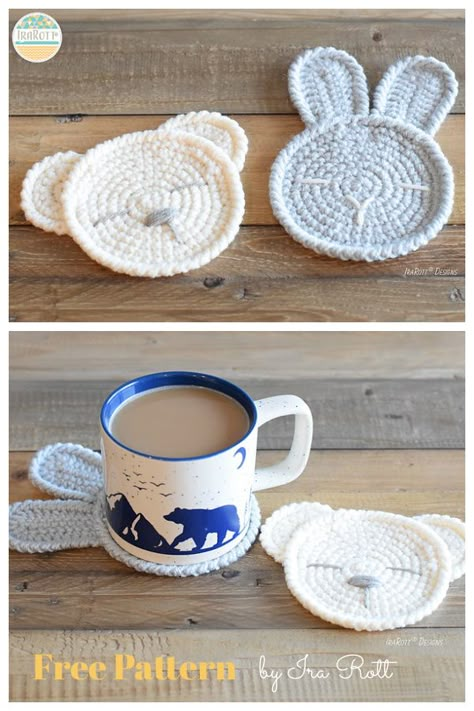 Bunny Coaster Crochet Pattern, Crochet Bunny Coasters Free Pattern, Bear Coaster Crochet Pattern Free, Crochet Bunny Coaster, Crochet Animal Coasters, Coaster Crochet Patterns, Bunny Coaster, Crochet Cup Coaster, Sleepy Bunny