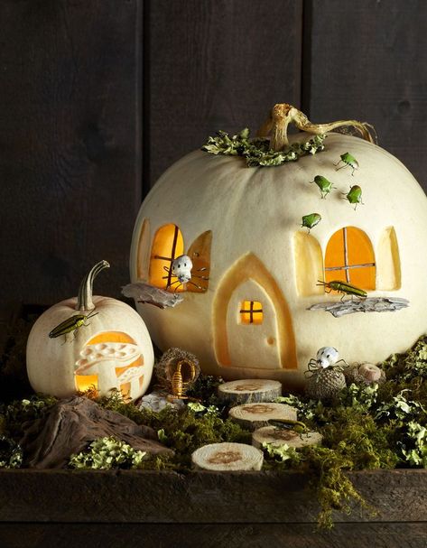 Carve These Enchanted Forest Scene Pumpkins Pumpkin Fairy House, Pumpkin Carving Stencils Free, Pumpkin Stencils Free, Halloween Pumpkin Stencils, Dekorasi Halloween, Pumkin Carving, Halloween Decor Diy, Creative Pumpkin Carving, Easy Pumpkin Carving