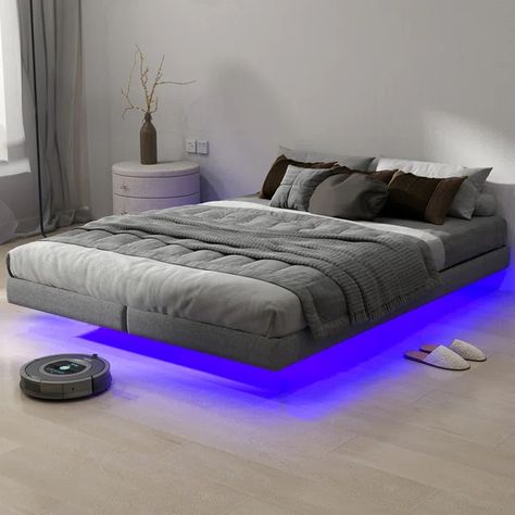 Floating Bed Frame with LED Lights Metal Slats Underbed Storage Space No Box Spring Floating Bed With Led Lights Under, Cool Queen Size Bed Frames, Floating Bed Led Lights, Led Lights Room Ideas, Queen Size Bed In Small Room, Led Lights Under Bed, Living Room Humidifier, Fun Vision Board, Queen Size Floating Bed Frame