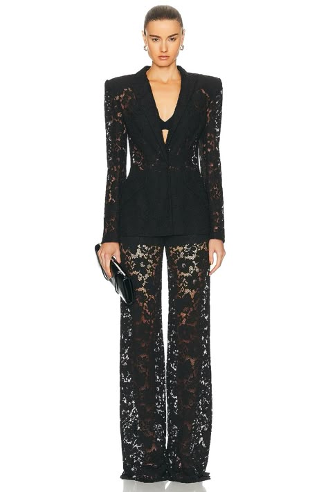 SANS FAFF Kensington Lace Blazer in Black | FWRD Lace Pants Outfit, Feminine Suit, Lace Suits, Miss Universe Gowns, Black Lace Pants, Emerald Green Velvet Dress, Lace Suit, Pant Suits For Women, Hailey Baldwin Style