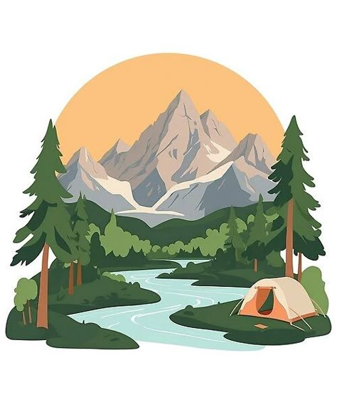 Drawings Of Nature Landscapes, Simple Mountain Art, Nature Illustration Landscapes, Illustration Art Mountains, Mountain View Drawing, River And Mountains Drawing, Minimal Nature Illustration, Mountain Illustration Simple, Illustrated Mountains