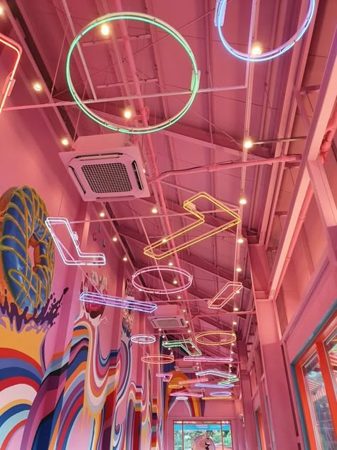 Neon Cafe Interior Design, Neon Cafe, Colorful Cafe, Shoe Store Design, Kids Play Spaces, Roller Rink, Aesthetic Stores, Architecture Concept Drawings, Restaurant Lighting