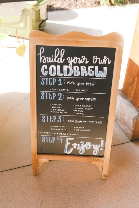 Coffee Bar Wedding Reception, Cold Brew Bar, Baby Is Brewing Gender Reveal, Coffee Station Wedding, Reception Coffee Bar, Coffee Pop Up, Iced Coffee Bar, Coffee Cart Ideas, Coffee Bar Party