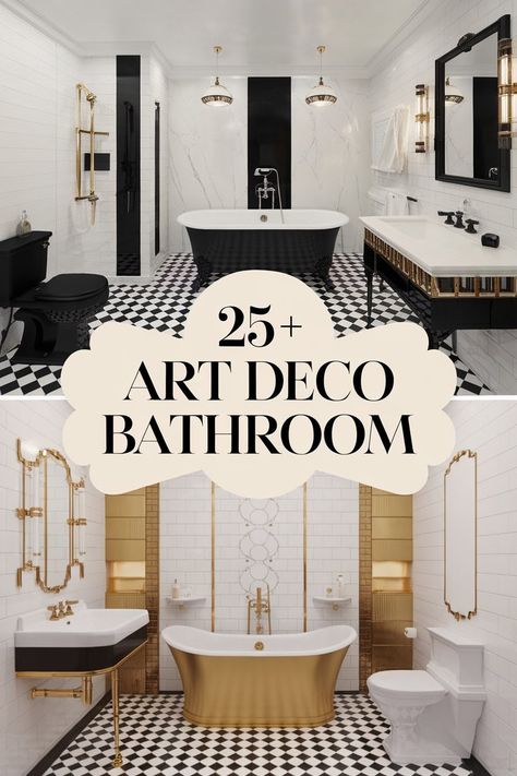 Are you ready to infuse your bathroom with the glamour and sophistication of the Roaring Twenties? Art Deco bathrooms are making a stunning comeback, blending vintage charm with modern luxury. How can you capture this timeless elegance in your own home without breaking the bank? . 1. Geometric Tile Patterns… Small Bathroom Ideas Gold Accents, Art Deco Black And White Bathroom, French Art Deco Bathroom, Art Deco Tile Pattern, Bathroom Art Decor Ideas, Art Deco Bathroom Sink, Frank Lloyd Wright Bathroom, Small Bathroom Art Deco, Art Deco Powder Room Ideas