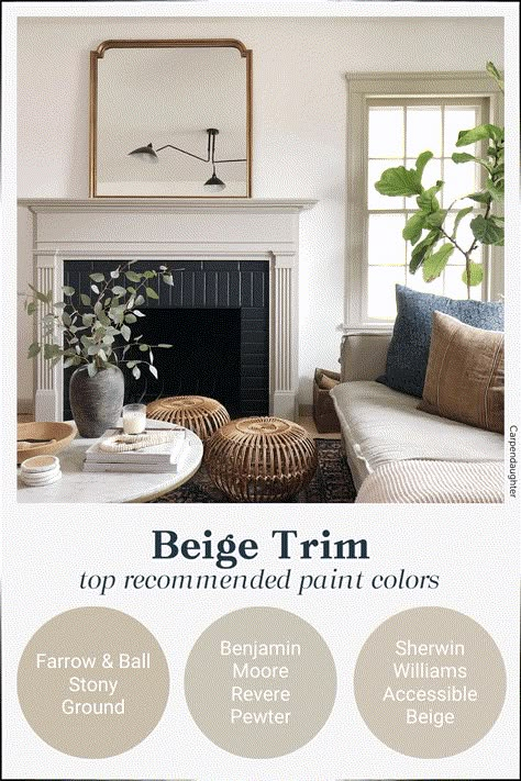 Color Trim Ideas, Contrast Trim With Dark Floors, White Wall With Beige Trim, Contrast Trim Paint Colors, Trim Colours Interior, White Wall Cream Trim, Cream Walls With Taupe Trim, Trim Thats Not White, Taupe Fireplace Brick