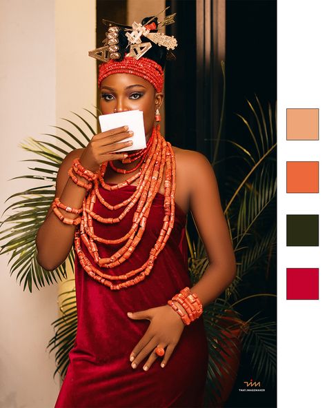 The Edo culture is one of the richest in Nigeria. An Edo bride wears the Edo wedding attire for her traditional wedding. The rich and regal outfit consists mostly of beaded coral attires. Her head is styled and crowned with coral beads which form a crown on her head. Underneath the coral beaded vest, she wears one gorgeous fabric material either, velvet wrapper, lace or George. To complete the regal tradition, they bedeck their necks and hands with beads known as Ivie-uru and Ivie-obo. Phot... Edo Wedding, Edo Brides, Beaded Vest, Trendy Stuff, Traditional Wedding Attire, Traditional Wedding Dress, Bella Naija Weddings, Bridal Inspo, Full Length Dress