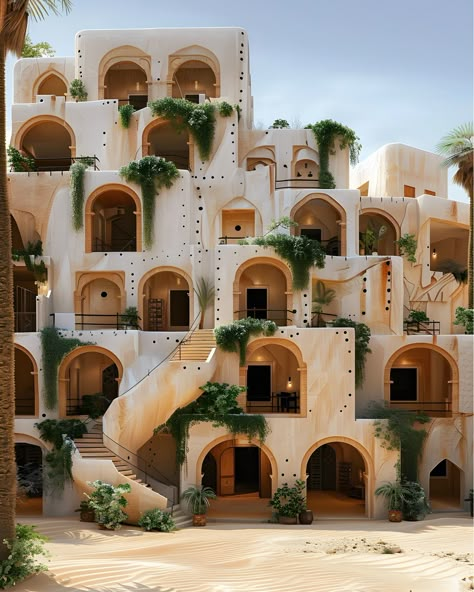 Community living inspired by Ksar Ouled Soltane, a very well-preserved mud-faced fortified multi-level granary or ghorfa in Tataouine, Tunisia 🇹🇳🏜 #africanarchitecture #afrofutursim #vernaculararchitecture #Africa #architecture #designinspo #architectureinspo #culture #architectureschool #fyp #viral #archhunter #archgini #architizer #archdaily #midjourneyarchitect #midjourney #ai #aiarchitecture Culture Architecture Concept, Nigerian Architecture Modern, Interior Design Sustainable, West Africa Architecture, African Futurism Architecture, North African Architecture, Somalia Architecture, Afrocentric Architecture, Congo Architecture