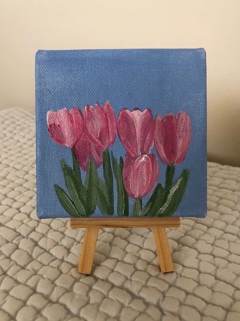 Flowers Drawing On Canvas, Flower Small Painting, Tulips Acrylic Painting Easy, Painting Ideas On Canvas Tulips, Pretty Simple Paintings, Easy Little Painting Ideas, Cute Stuff To Paint Easy Bedroom, Pink Flower Painting Easy, Office Canvas Painting Ideas