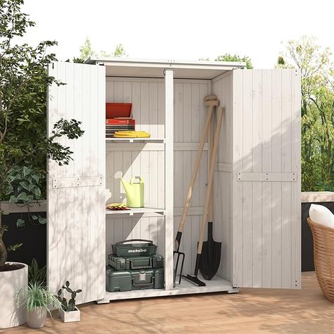 Amazon.com : AECOJOY Outdoor Storage Shed with Waterproof Roof, Wooden Storage Cabinet Large Outdoor Shed Tool Shed with 2 Removable Shelves&Double Lockable Doors, Grey&White : Patio, Lawn & Garden Outdoor Pool Storage, Small Shed Ideas, Patio Storage Cabinet, Grill Storage, Outdoor Storage Ideas, Floor Leveling, Outside Storage Shed, Roof Patio, Garden Hose Storage