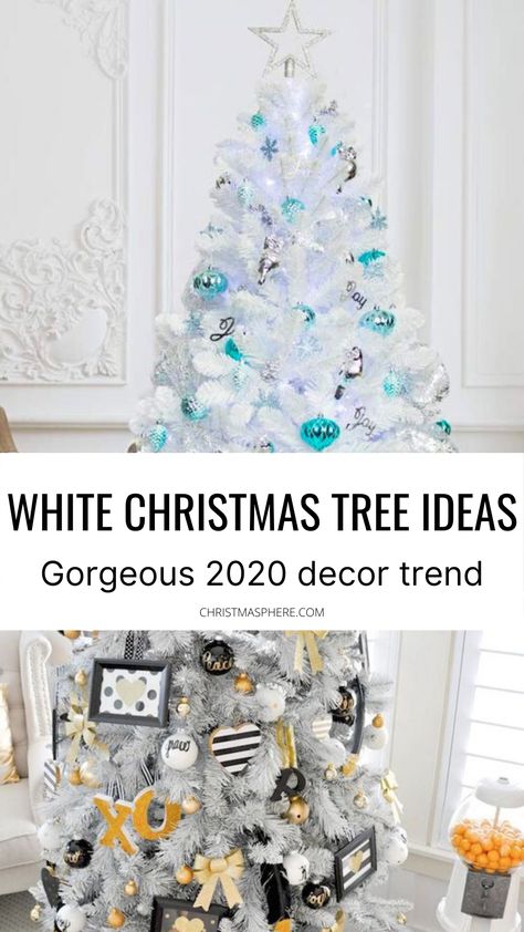 considering a white Christmas tree this holiday season? We have the best ideas for white Christmas decorations and decor- come on over for lots of inspiration CHRISTMASPHERE.COM #christmasdecor #christmasdecorations #whitechristmasdecor Small White Christmas Tree Decorations, White Fake Christmas Tree, Decorate White Christmas Tree Ideas, Ways To Decorate A White Christmas Tree, Decorations For A White Christmas Tree, Decorations For White Christmas Trees, White Tree Decorating Ideas, Decorating White Christmas Trees, White Christmas Tree Themes Colors