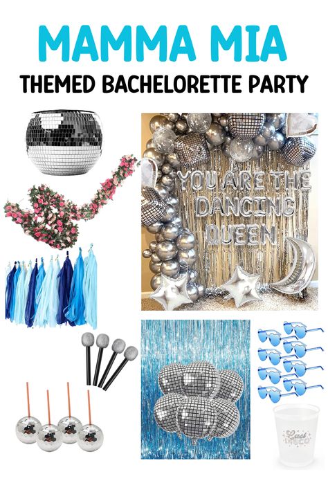 Last Disco Mamma Mia Bachelorette Party, Bachelorette Party Themes Mamma Mia, Mama Mia Accessories, Mamma Mia Party Theme Ideas, Bachelorette Party Themes Mama Mia, Mamma Mia Party Inspiration, Mama Mia Engagement Party, Disco Mama Mia Party, Mamma Mia Disco Bachelorette Party