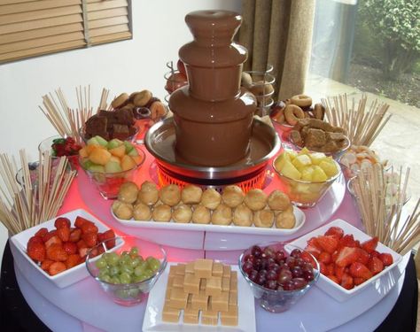 chocolate+fountain | Chocolate fountain~ Unique Food Ideas For Parties, Sweet 16 Pinata Ideas, Easy Sweet Sixteen Party Ideas, Sweet 16 Party Food Ideas Snacks, 10th Birthday Party Themes For Girl, Sweet Sixteen Food Ideas, Sweet 16 Desserts, Sweet 16 Party Food Ideas, Diy Sweet 16 Decorations