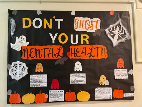 Halloween High School Bulletin Boards, Halloween Bulletin Board Ideas For High School, October Bulletin Boards For Work, Halloween Self Care Bulletin Board, Halloween Health Bulletin Boards, College Bulletin Board Ideas Resident Assistant, October Mental Health Bulletin Board, Health Education Bulletin Boards, School Nurse Bulletin Board High School