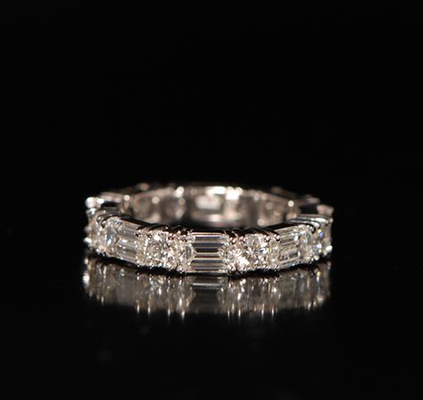 Handmade Round and Emerald Cut Diamond Band | K & W Jewelry - Kestenbaum & Weisner Round And Emerald Cut Diamond Ring, Emerald And Round Diamond Ring, Emerald Cut Diamond Wedding Band, Emerald And Round Wedding Band, Modern Emerald-cut Stackable Rings For Anniversary, Wedding Band For Emerald Cut Ring, Stackable Emerald-cut Diamond Anniversary Ring, Wedding Bands For Emerald Cut Rings, Classic Stackable Emerald-cut Rings With Diamond Accents