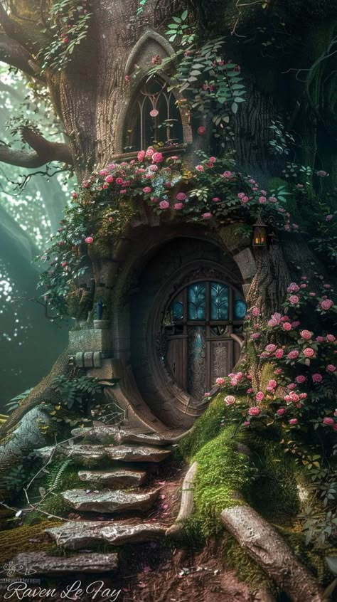 Enchanted Tree House, Magic Asthetics Photos, Wood Elf House, House Inside Tree, Elven Forest City, Fairy Woods Mystical Forest, Fairy Village Aesthetic, Forest Castle Aesthetic, Fantasy Garden Aesthetic