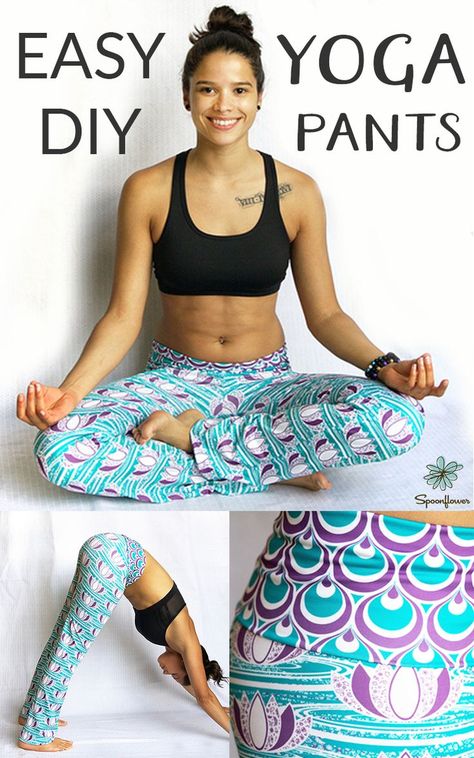 Sport Lycra is great for making leggings and yoga pants because it's stretchy, soft, and moisture wicking.  Click to see the easy steps to making your very own custom yoga pants or leggings. Making Leggings, Yogapants Outfit, Vinyl Pants, Diy Yoga, Diy Pants, Yoga Pants Pattern, Lycra Leggings, Sewing Pants, Yoga Outfits