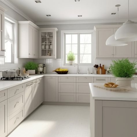 21 Drop-Dead Gorgeous Greige Kitchen Cabinets - Amanda Katherine Light Grey And Cream Kitchen, Kichen Cabinate Colors 2023, Light Greige Kitchen Cabinets, Light Taupe Kitchen Cabinets, Greige Kitchen Cabinets, Cape Kitchen, Taupe Kitchen Cabinets, Modern Kitchen Trends, Gray Kitchens