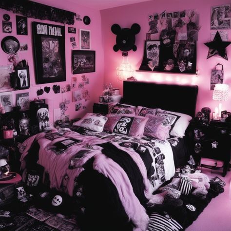 Pink Bedroom Ideas Small Room, Mall Goth Room Ideas, 2000s Room Inspiration, 2000s Goth Bedroom, 2000s Scene Bedroom, Bedroom Decor Y2k, Roommate Bedroom Ideas, 2000s Emo Room Ideas, Old School Room Ideas