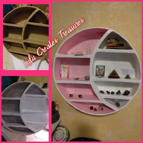 Cardboard organizer for my crystals. Made with cardboard and paper mache. Cardboard Shelf Ideas, Paper Mache Organizer, Diy Paper Mache Shelf, Diy Cardboard Shelf Organizer, Cardboard Shelf Diy, Cardboard Bookshelf Diy, Cardboard Crafts Diy Organizer, Diy Storage Boxes Cardboard, Cardboard Shelves Diy