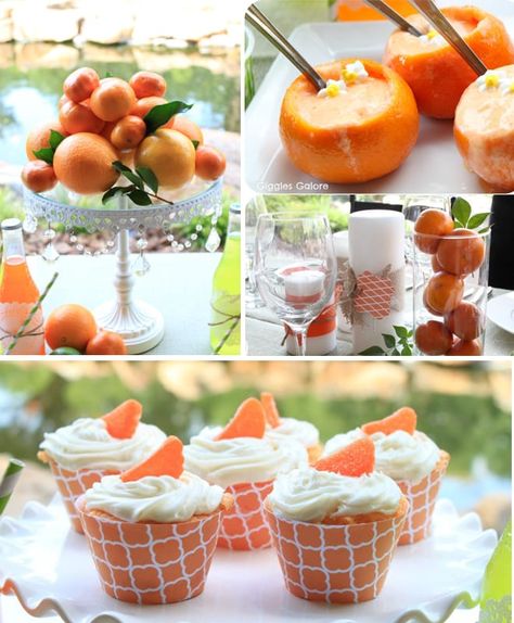 citrus themed dinner party Citrus Themed Party, Citrus Party, Themed Dinner Party, Cheesecake Squares, Orange Cups, Candied Orange, Themed Dinner, Orange Wedges, Dinner Party Themes