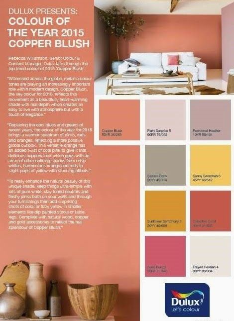 frumpy to funky: DULUX REVEALS IT'S ... Blush Living Room, December Design, Blush Bedroom, Copper Blush, Blush Color Palette, Dulux Paint, Bedroom Wall Colors, Flat Ideas, Wall Color