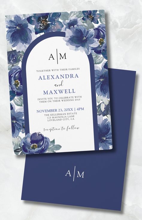 Elegant Modern Watercolor Navy Blue Floral Wedding Invitation Blue Black And White Wedding Theme, Dusty Blue And Navy Wedding Theme, Navy Blue Wedding Invites, Navy Wedding Theme, Black Floral Wedding, Royal Blue Wedding Invitations, Black And White Wedding Theme, Blue Floral Wedding, Muslim Wedding Invitations