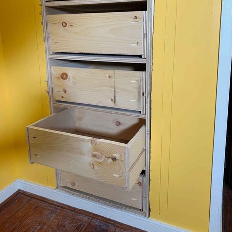 How To Install An In-Wall Built In Dresser - Lazy Guy DIY Hallway Drawers, Wall Drawers, Build A Dresser, Diy Chest Of Drawers, Diy Trinkets, Craftsman Style Bungalow, Diy Easter Basket, Dresser In Closet, Built In Dresser