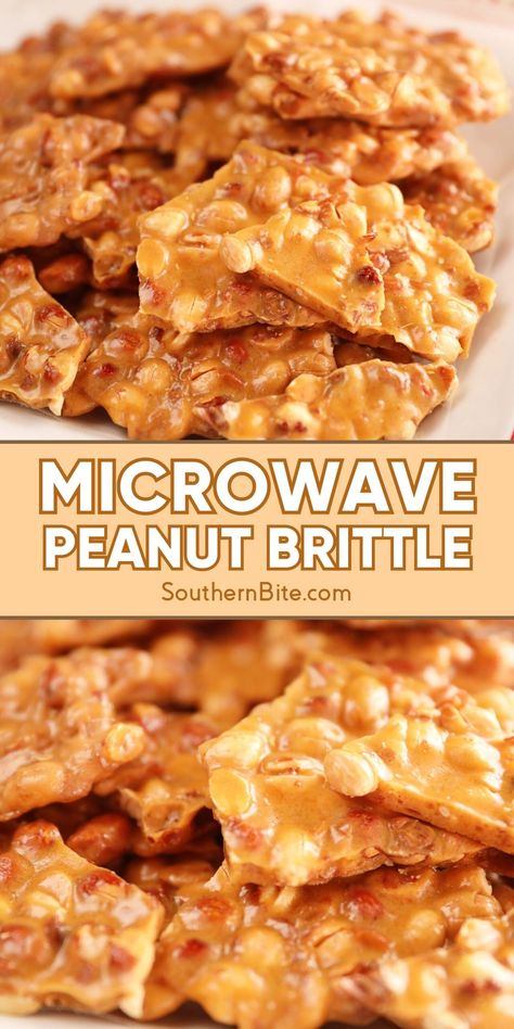 This recipe for Microwave Peanut Brittle is the easiest brittle I've ever made. It has all the flavor of the classic recipe but less than half the work! Microwave Peanut Brittle Recipe, Easy Peanut Brittle, Easy Peanut Brittle Recipe, Homemade Peanut Brittle, Microwave Peanut Brittle, Peanut Brittle Recipe, Brittle Recipes, Peanut Recipes, Candy Recipes Homemade