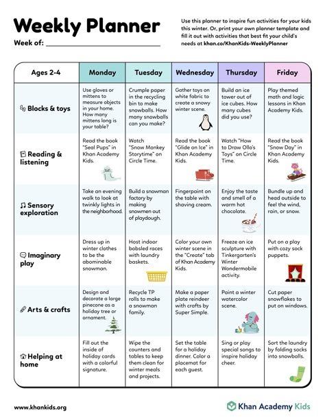 Plan a week of winter fun for your kids! – Khan Academy Preschool Weekly Lesson Plans Ideas, Lessons Plans For Preschool, Family Engagement Activities Daycare, Kindergarten Weekly Lesson Plans, Daycare Weekly Lesson Plan, Home School Pre K Lesson Plans, Preschool Lessons Plans, Weekly Preschool Planner, Daycare Curriculum Lesson Plans Free Printables