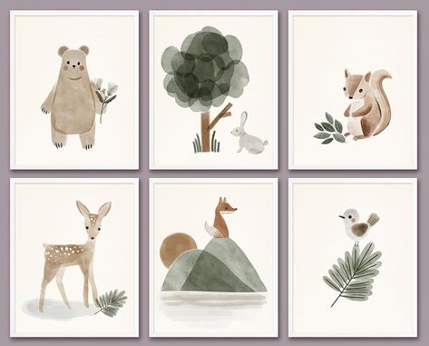 Amazon.com: 6 PCS Boho Wall Art Nursery Decor Cute Deer Squirrel Bear Wall Decor Unframed Green Bohemian Posters Nursery Print Paintings Artwork for Home Boys Girls Room Bedroom Classroom Living Room 8x10 In: Posters & Prints Sage Green Mountain Nursery, Woodland Nursery Decor Ideas, Nursery Illustration Art, Woodland Baby Room Theme, Woodsy Nursery Baby Boy, Green Boho Nursery, Boy Nursery Green, Greenery Nursery Decor, Green Boy Nursery