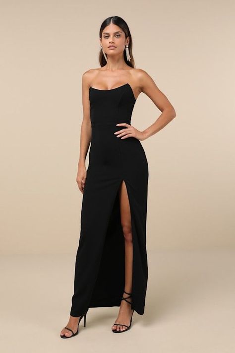 Black Strapless Maxi Dress, Holiday Formal Dresses, Maxi Dress Strapless, Black Dress Style, Black Homecoming Dress, Military Ball Dresses, Column Skirt, Black Strapless Dress, Wedding Attire Guest