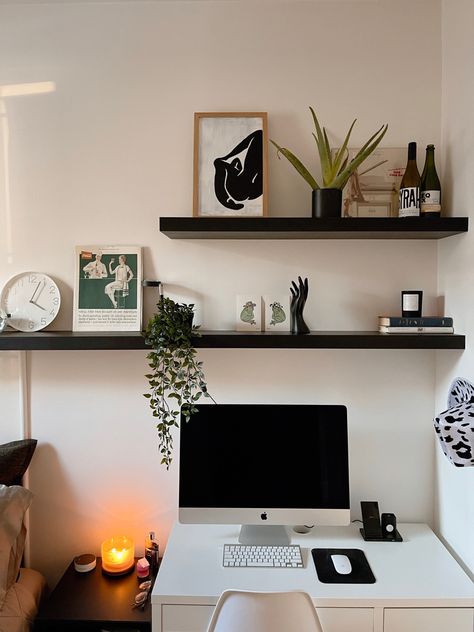 Black And White Room Green Accents, Desks For Small Space, Black Shelves Office, Black And White Shelf Styling, Modern Black And White Room Aesthetic, Desk Area Black, Black White Green Gold Bedroom, Green Black Home Decor, Green And Black Home Aesthetic