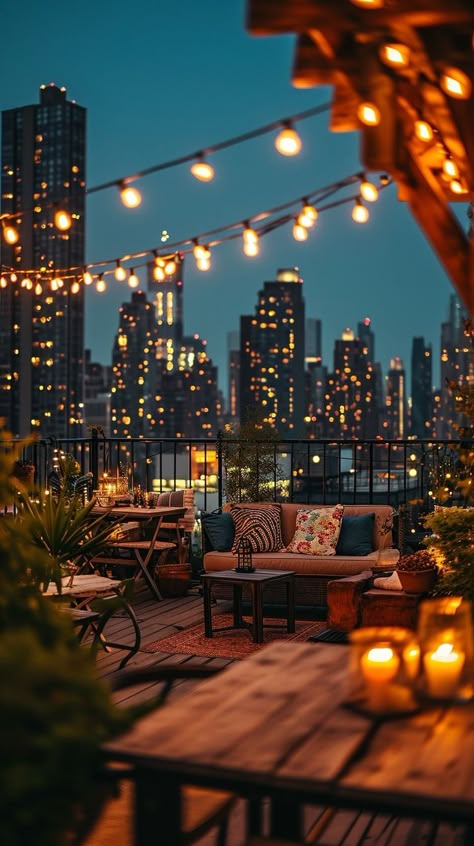 Rooftop terrace with string lights and city views, ideal for evening relaxation in an urban setting. Rooftop Vibes, London Rooftop Bar, Rooftop City, Urban Rooftop, Cozy Seating Area, Modern Exterior House, Rooftop Party, Modern Exterior House Designs, Tranquil Retreat