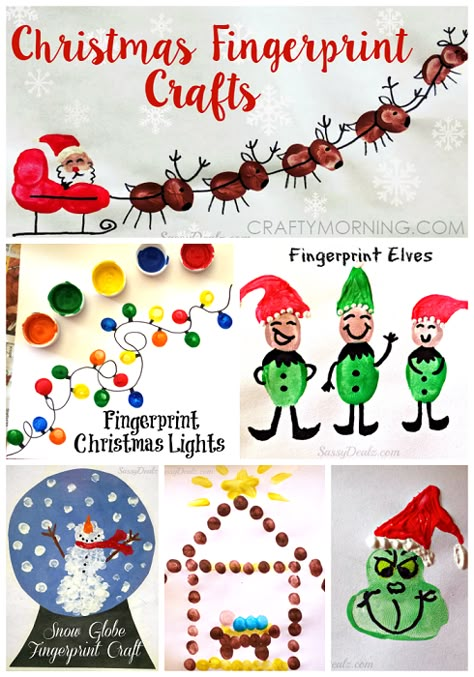 Adorable Christmas fingerprint crafts for kids to make! Kindergarten Fingerprint Art, Thumbprint Art Christmas, Christmas Finger Print Crafts, Finger Print Christmas Ornaments, Finger Print Christmas Art, Thumbprint Christmas Art, Christmas Finger Painting For Kids, Finger Print Crafts For Kids, Finger Print Christmas Cards