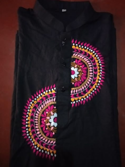 Pure cotton panjabi Black Hand Embroidery, Kurta Embroidery, Fabric Paint Shirt, Embroidery Kurti, Kutch Work Designs, Navratri Collection, Simple Hand Embroidery Patterns, Fabric Painting On Clothes, Traditional Blouse Designs