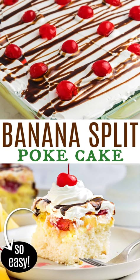 Dump Bars, Harvest Desserts, Banana Split Cake Recipe, Gooey Desserts, Instant Banana Pudding, Banana Pudding Poke Cake, Summer Cake Recipes, Pudding Poke Cake, Easy Cake Recipe