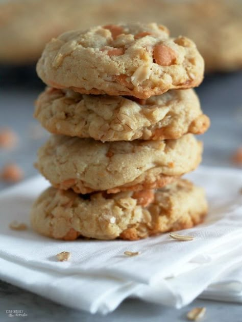 Soft Batch Oatmeal Scotchies Cookies are soft, chewy, and dreamily full of butterscotch chips. No dry oatmeal cookie here! - Comfortably Domestic Soft Oatmeal Scotchies Cookies, Soft Oatmeal Butterscotch Cookies, Soft Butterscotch Cookies, Oatmeal Scotchies Cookies, Scotchies Cookies, Butterscotch Oatmeal Cookies, Soft Batch Cookies, Butterscotch Cookies Recipes, Oatmeal Butterscotch