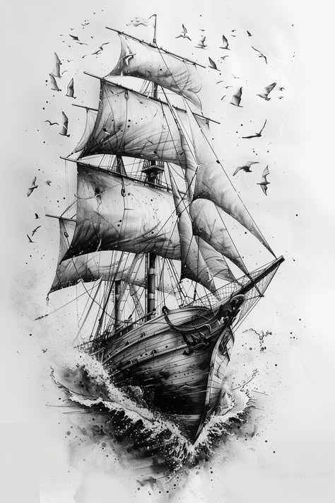 Cute Tattoos Easy, Tattoos Easy To Draw, Pirate Ship Tattoo Drawing, Drawing People Ideas, Drawing Ideas Tattoo, Cute And Easy Doodles, Pirate Ship Drawing, Pirate Ship Tattoos, Boat Sketch